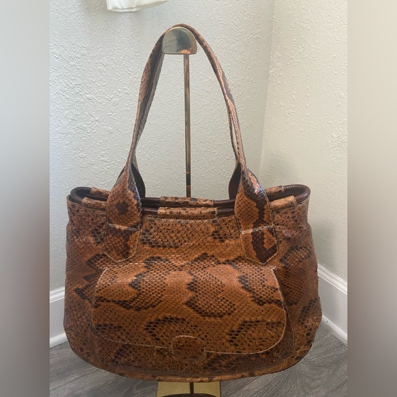 Gorgeous Vintage Genuine Brown Snake /Python Leather Handmade Tote Satchel Bag